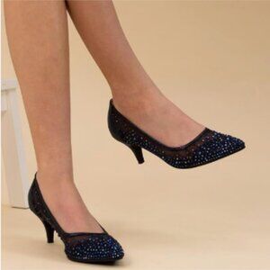 XYD Navy Pointed Toe Slip On Mesh Pumps Rhinestone Studs Comfy Kitten Heels Shoe